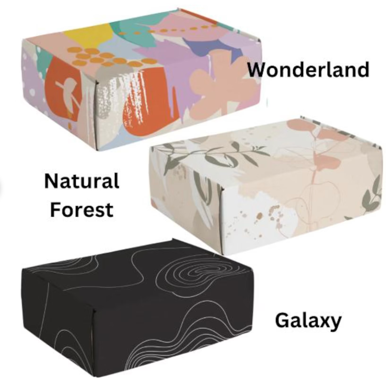 three different types of boxes with names on them