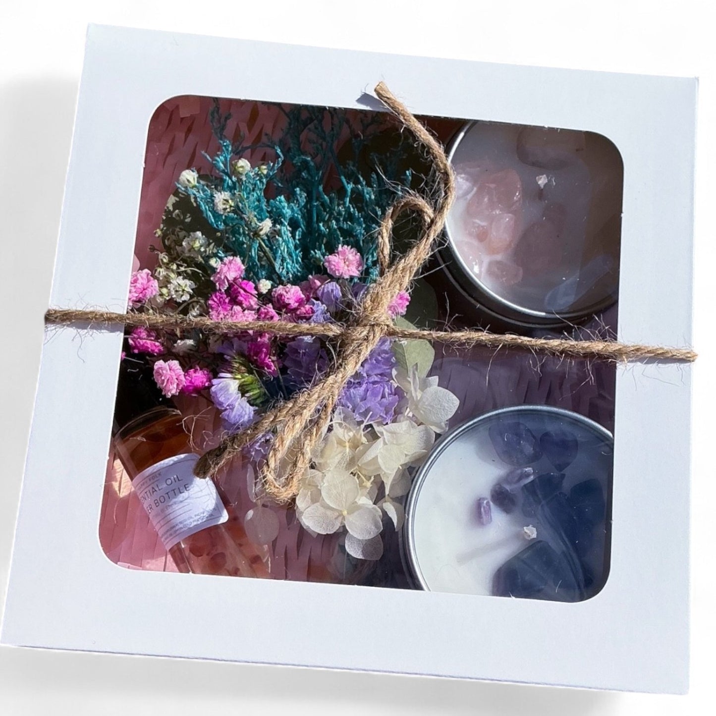 Crystal Candle Gift Box with Dried Flower Posie & Essential Oil Roller Bottle