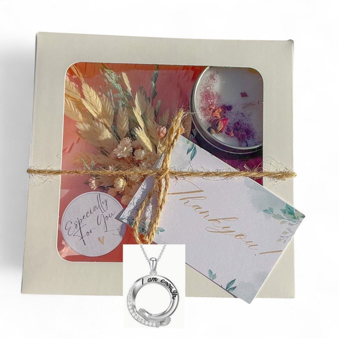 Gift Box with "I Am Enough" Necklace, Candle and Dried Flowers