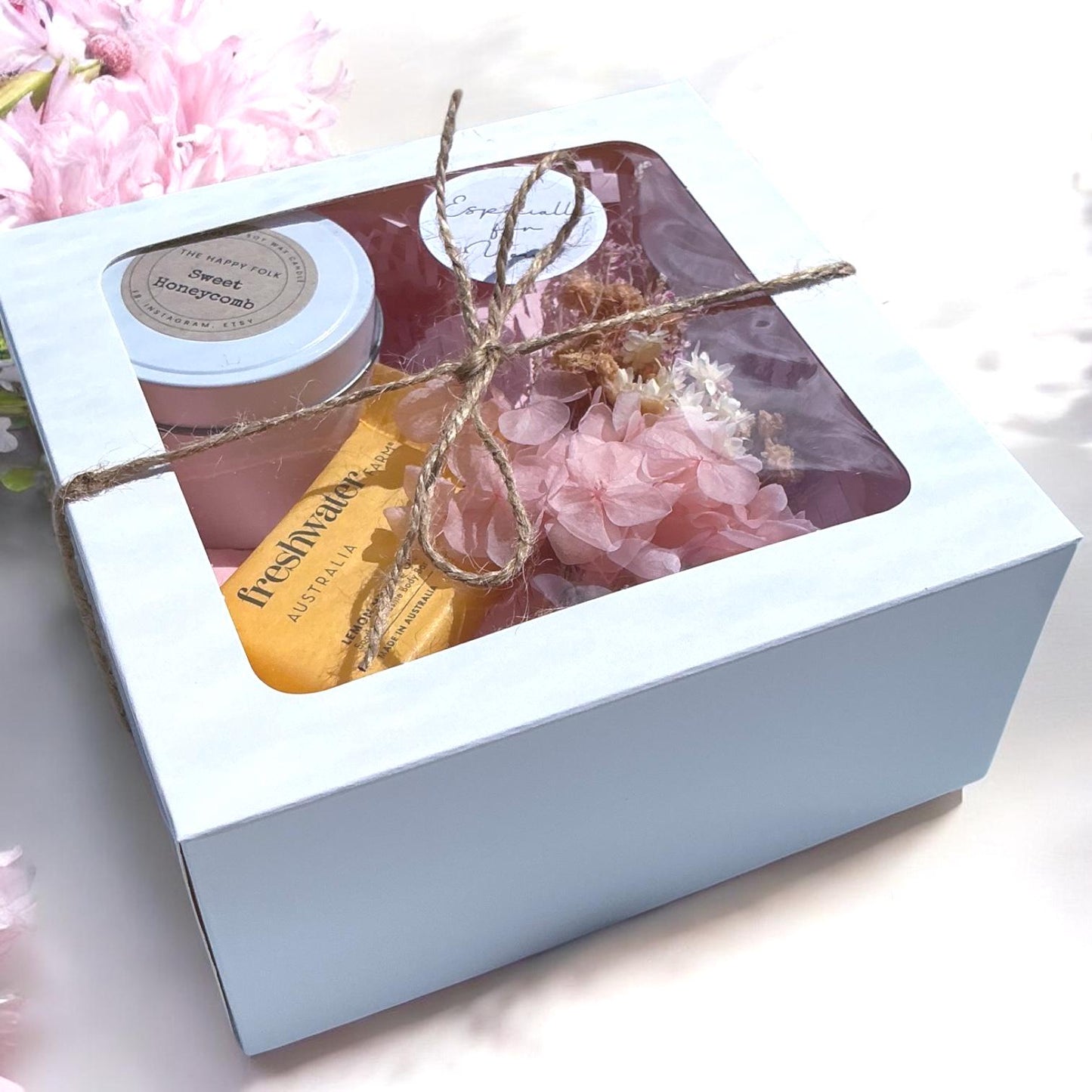 Custom Designed Care Pack For Her– Candle Dried Flowers and Choice of Comfort Gift and Card – Support Self Care Thinking of You-Gift Box