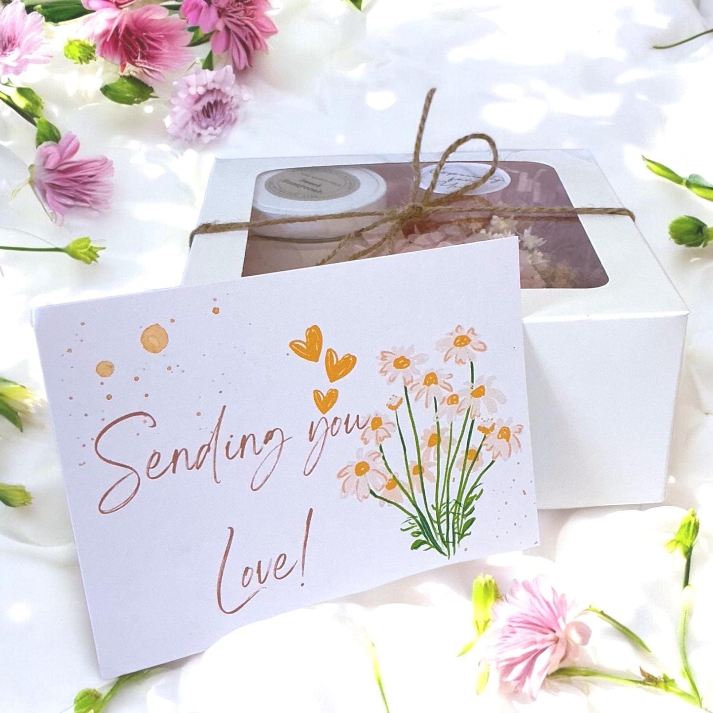 Custom Designed Care Pack For Her– Candle Dried Flowers and Choice of Comfort Gift and Card – Support Self Care Thinking of You-Gift Box