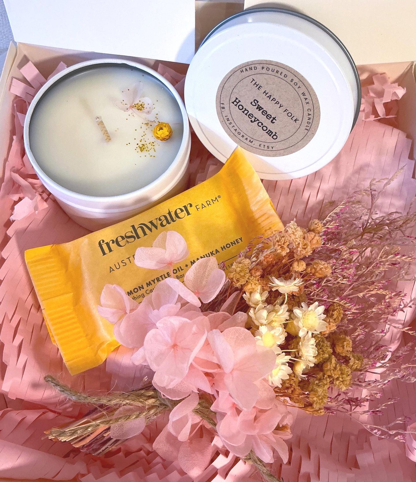 Custom Designed Care Pack For Her– Candle Dried Flowers and Choice of Comfort Gift and Card – Support Self Care Thinking of You-Gift Box