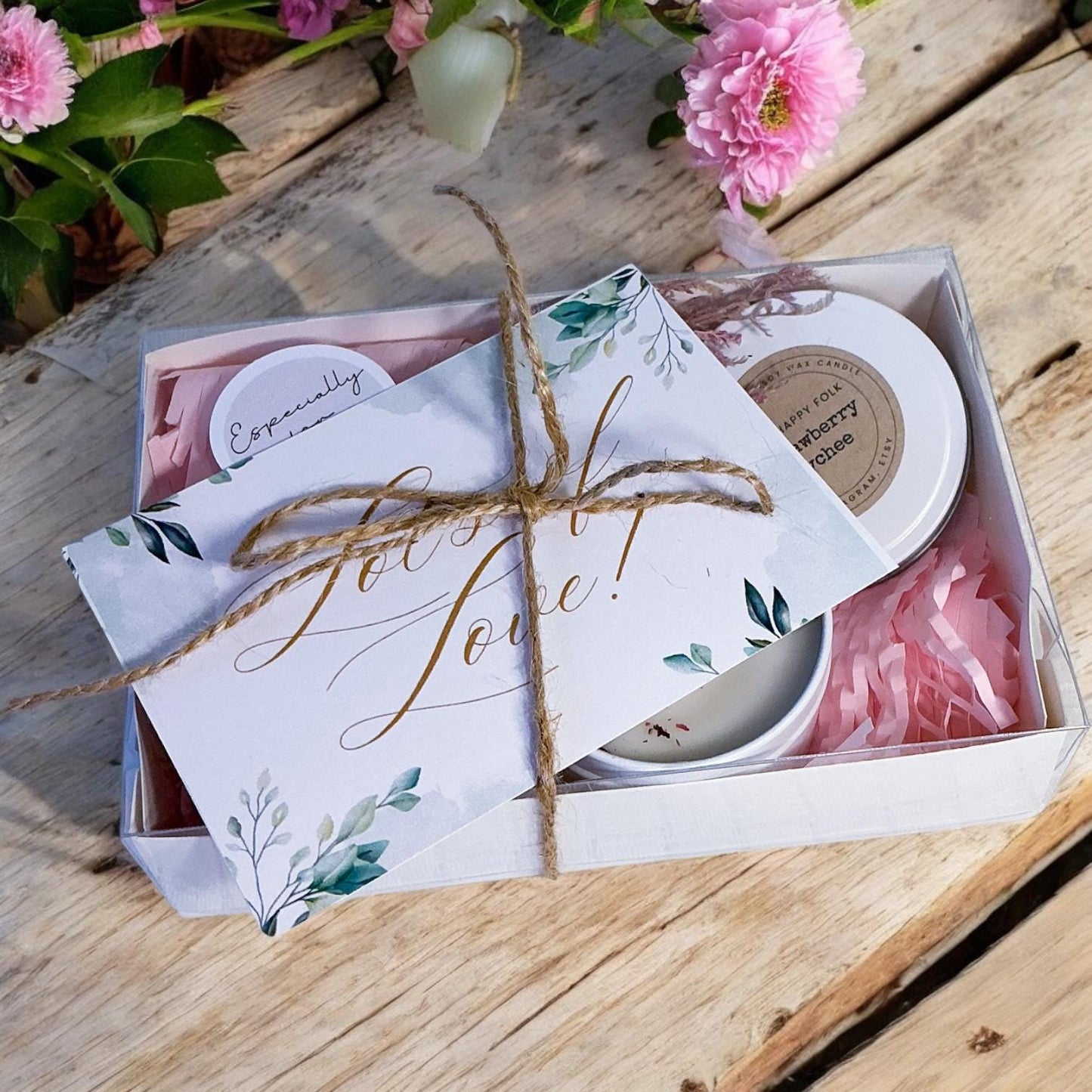 Custom Designed Mini Gift Box– Candle Dried Flowers and Choice of Comfort Gift and Card – Support Self Care Thinking of You-Care Package