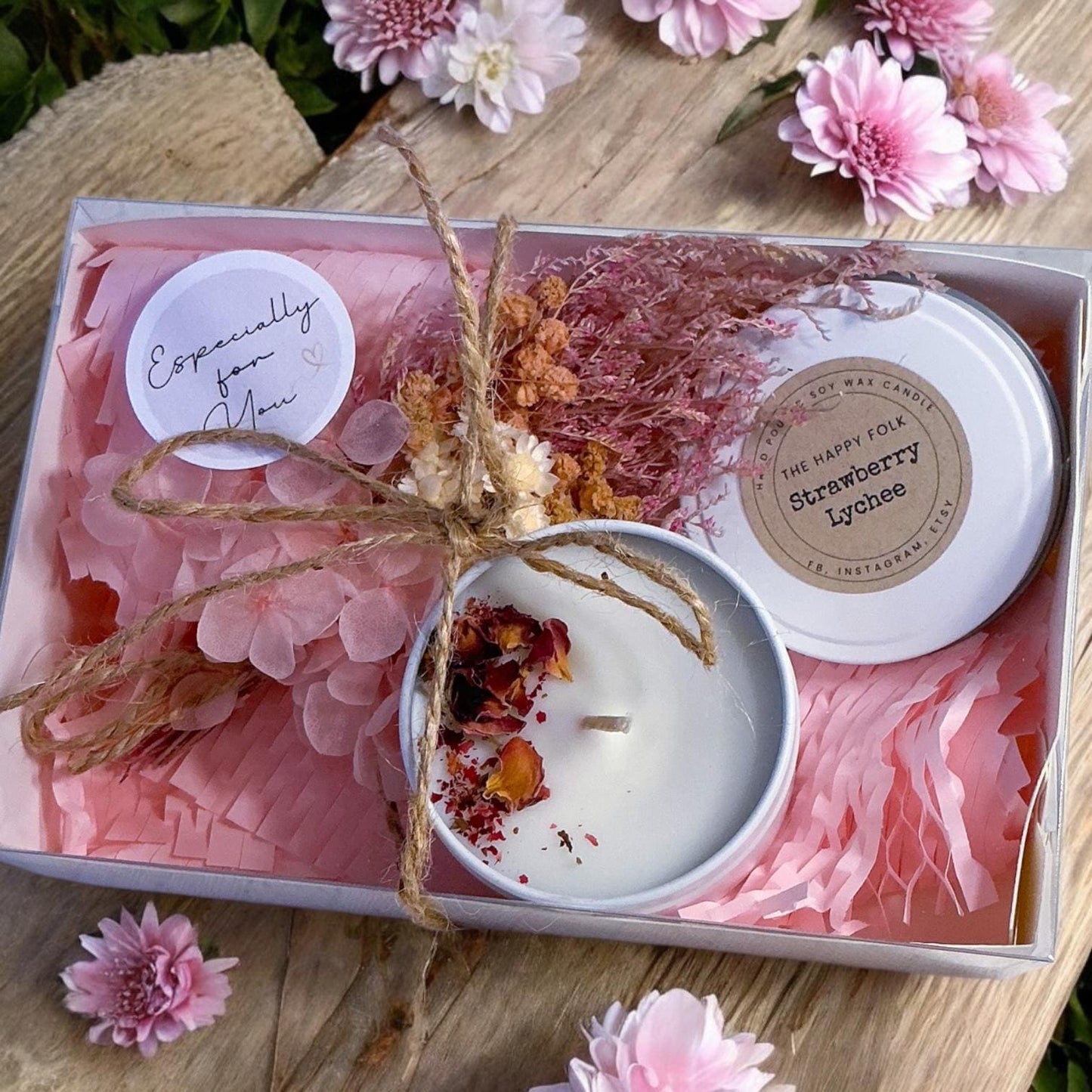 Custom Designed Mini Gift Box– Candle Dried Flowers and Choice of Comfort Gift and Card – Support Self Care Thinking of You-Care Package