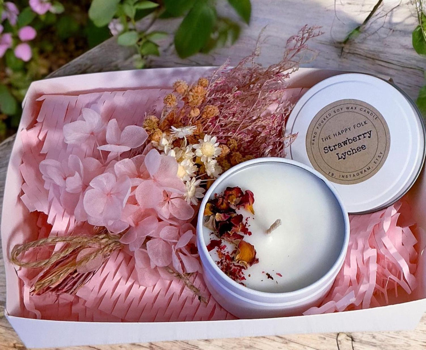 Custom Designed Mini Gift Box– Candle Dried Flowers and Choice of Comfort Gift and Card – Support Self Care Thinking of You-Care Package