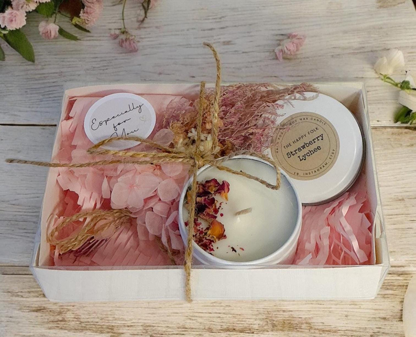 Custom Designed Mini Gift Box– Candle Dried Flowers and Choice of Comfort Gift and Card – Support Self Care Thinking of You-Care Package