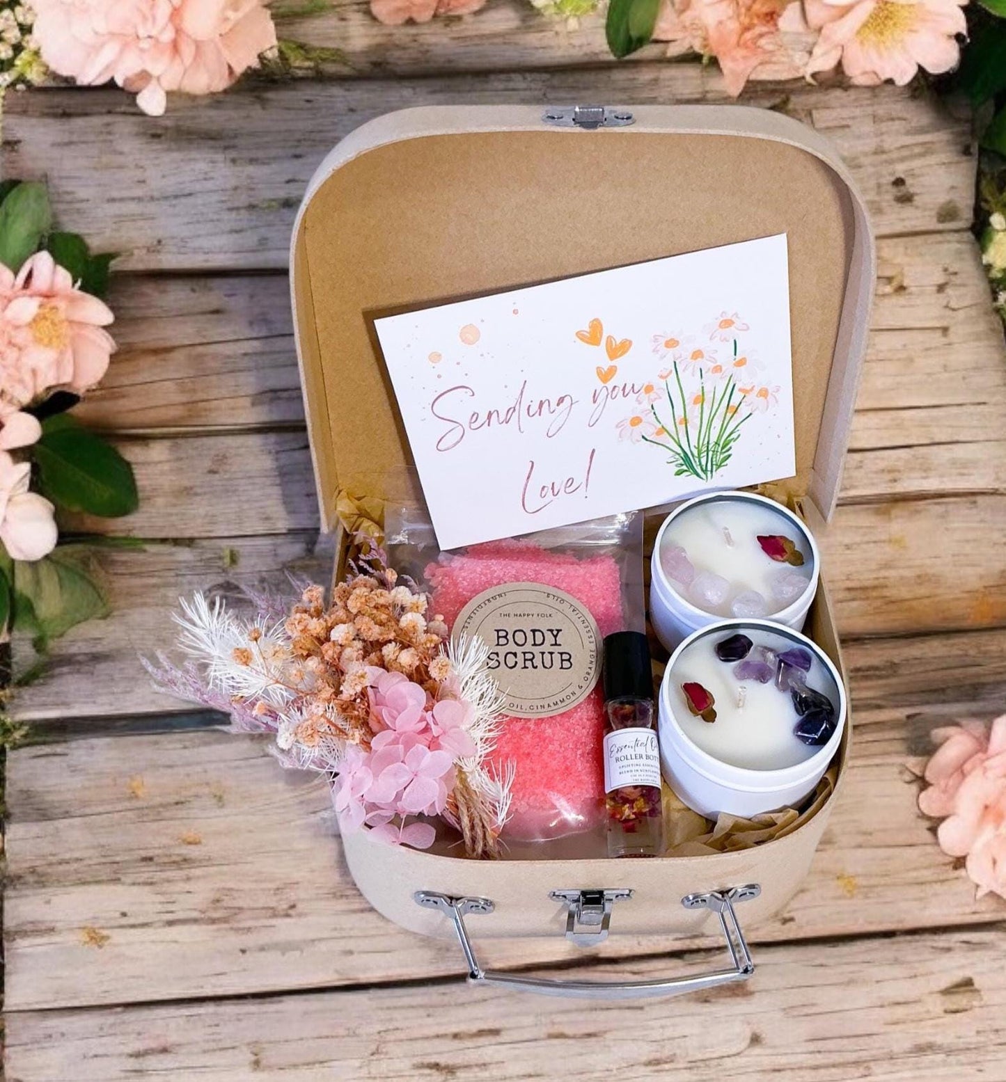 suitcase gift box with crystal candles and body scrub