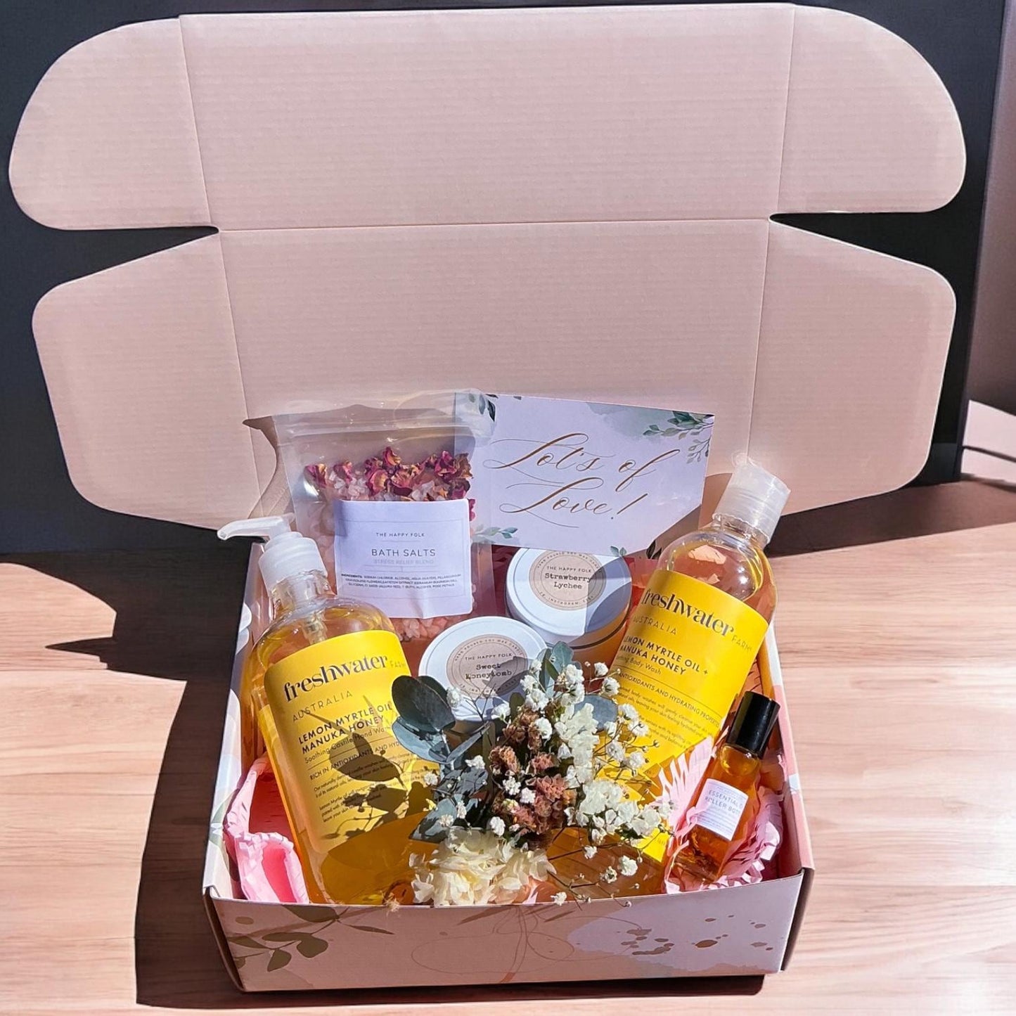 Luxury Self Care Gift Box - Candles, Body Wash, Bath Salts, Essential Oil Roller, Freshwater Farm, Dried Flowers - Relaxation Pamper Hamper