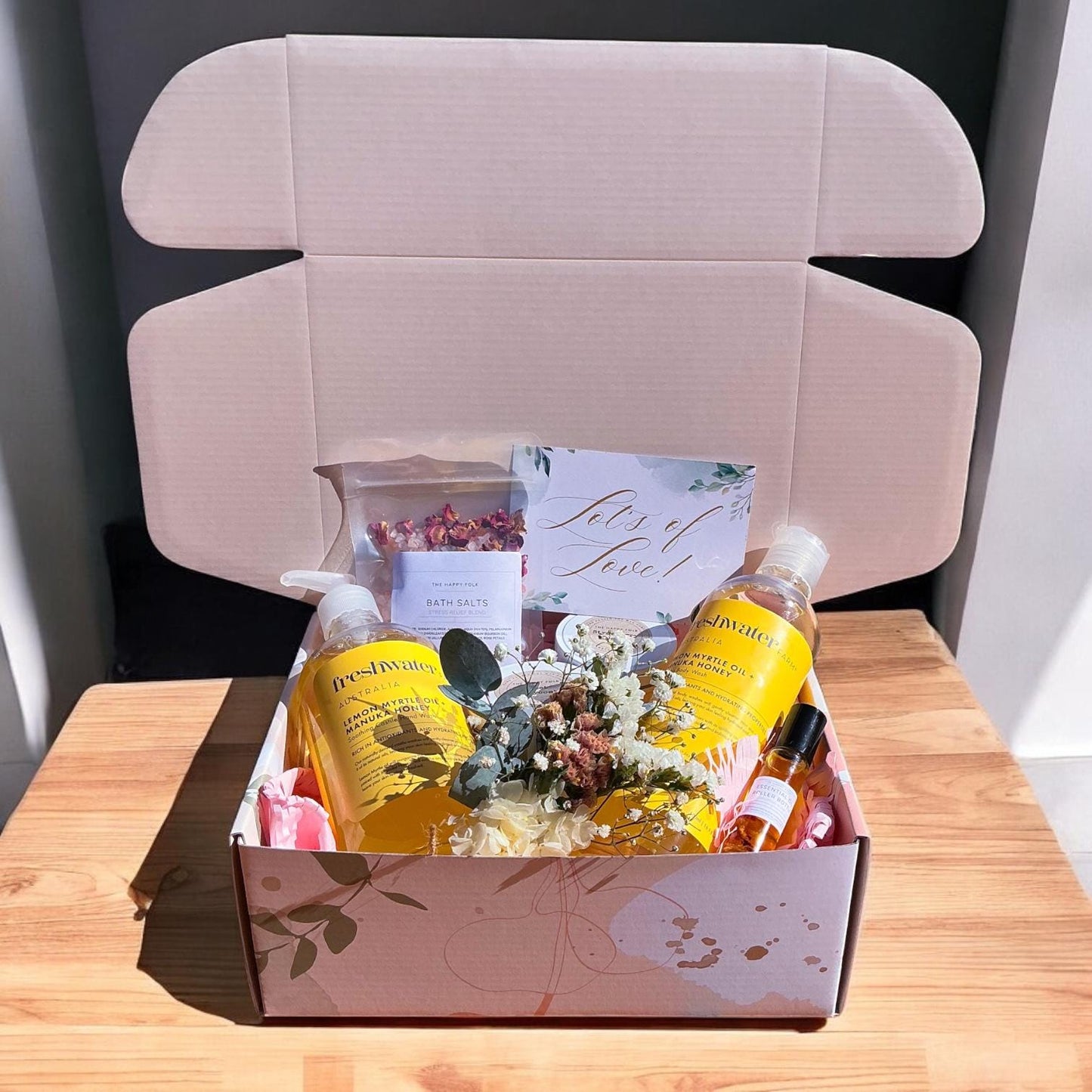 Luxury Self Care Gift Box - Candles, Body Wash, Bath Salts, Essential Oil Roller, Freshwater Farm, Dried Flowers - Relaxation Pamper Hamper