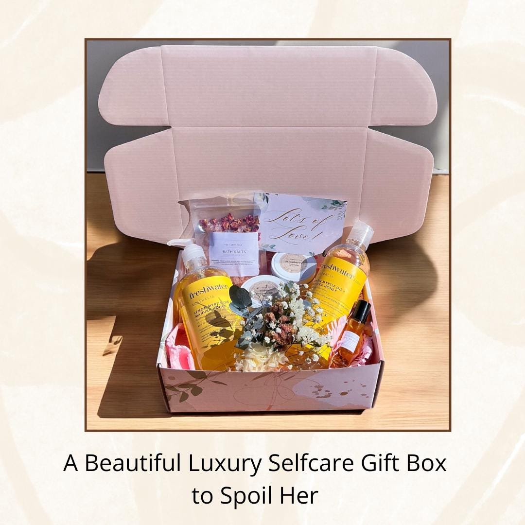 Luxury Self Care Gift Box - Candles, Body Wash, Bath Salts, Essential Oil Roller, Freshwater Farm, Dried Flowers - Relaxation Pamper Hamper