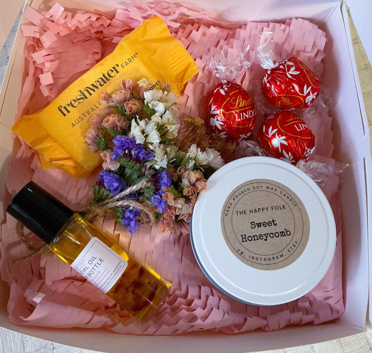 Mini Gift Box with Candle, Lindt Chocolates & Essential Oil Roller – Thoughtful Thank You or Pick Me Up Gift-Thinking of you gift-Gift Box