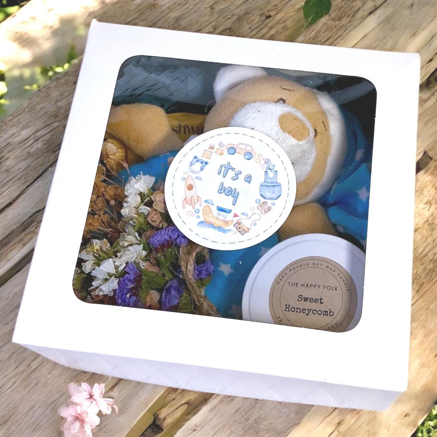 New Baby Gift Box – Candle, Body Bar, Soft Toy, Flowers & Chocolate – Baby Shower Keepsake Hamper for Newborn-New Baby Gift-Baby Gift Box