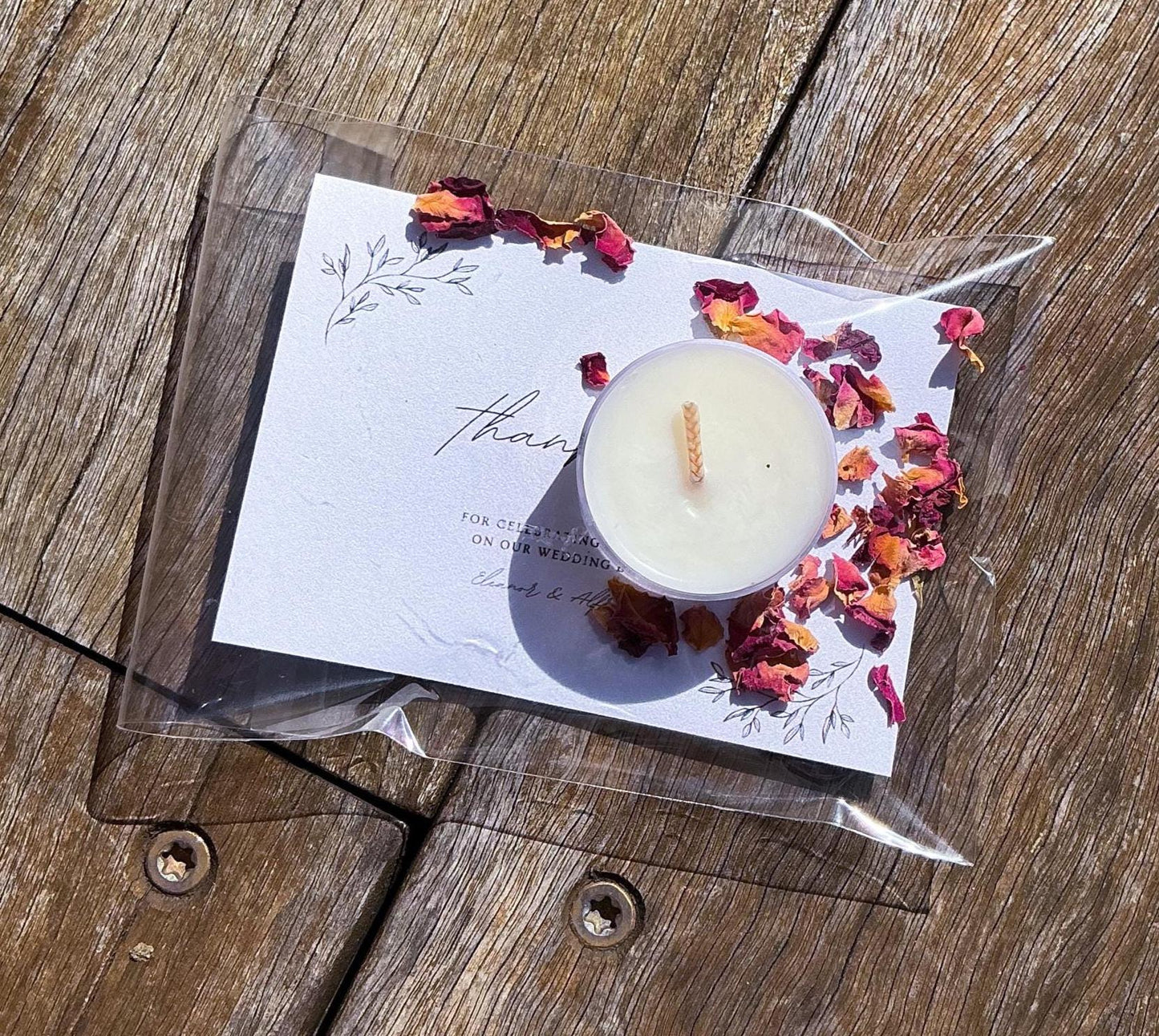 Custom Favour Candle – Tea Light with Personalised Card & Clear Bag – Wedding, Baby Shower, Event Favours – Rose Petal or Sprinkle Option