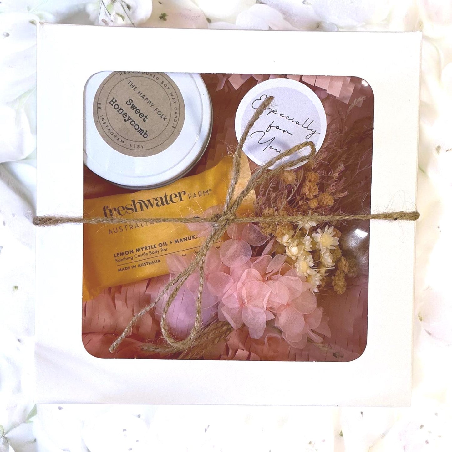 Custom Designed Care Pack For Her– Candle Dried Flowers and Choice of Comfort Gift and Card – Support Self Care Thinking of You-Gift Box