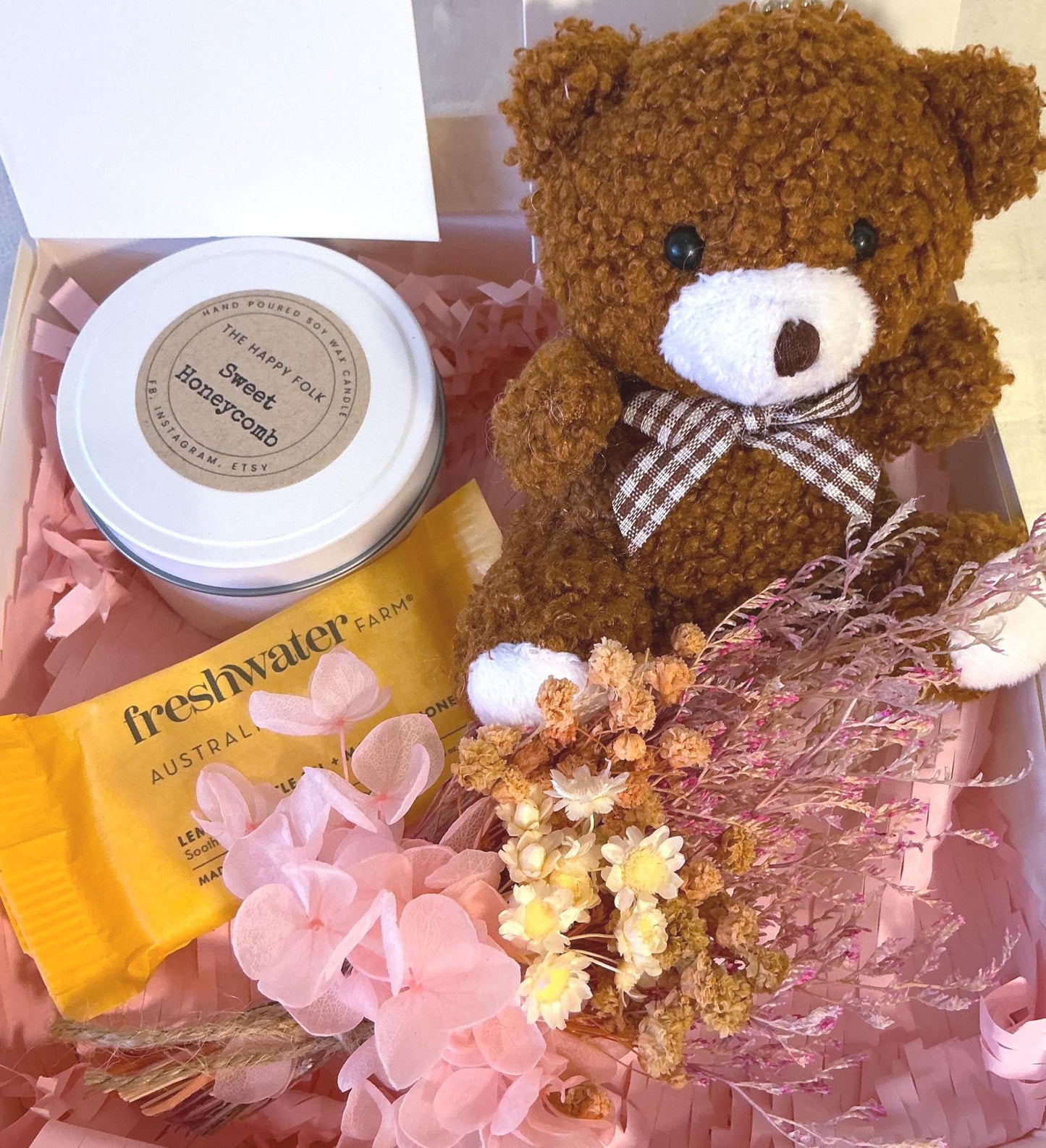 Custom Designed Care Pack For Her– Candle Dried Flowers and Choice of Comfort Gift and Card – Support Self Care Thinking of You-Gift Box