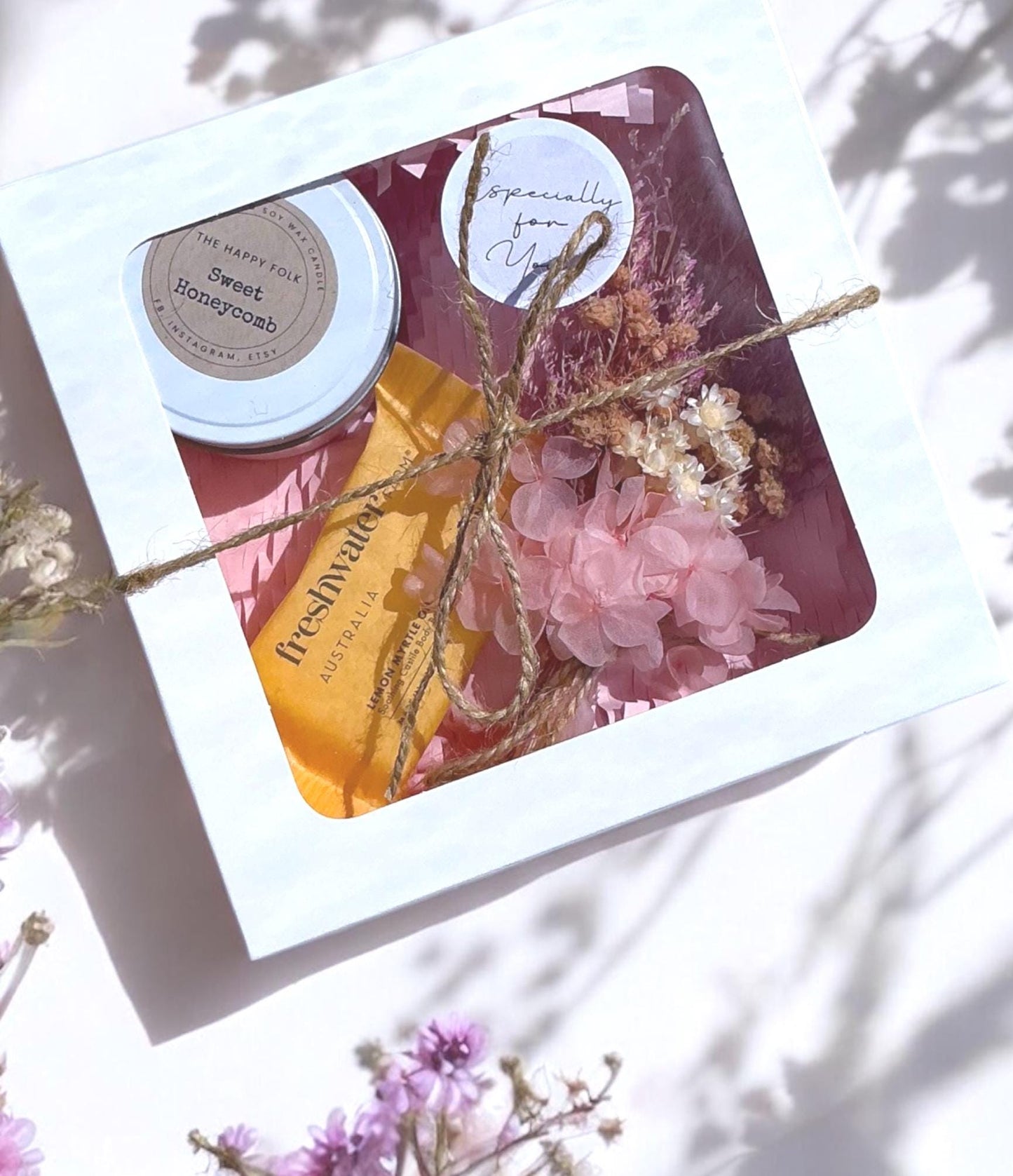 Custom Designed Care Pack For Her– Candle Dried Flowers and Choice of Comfort Gift and Card – Support Self Care Thinking of You-Gift Box