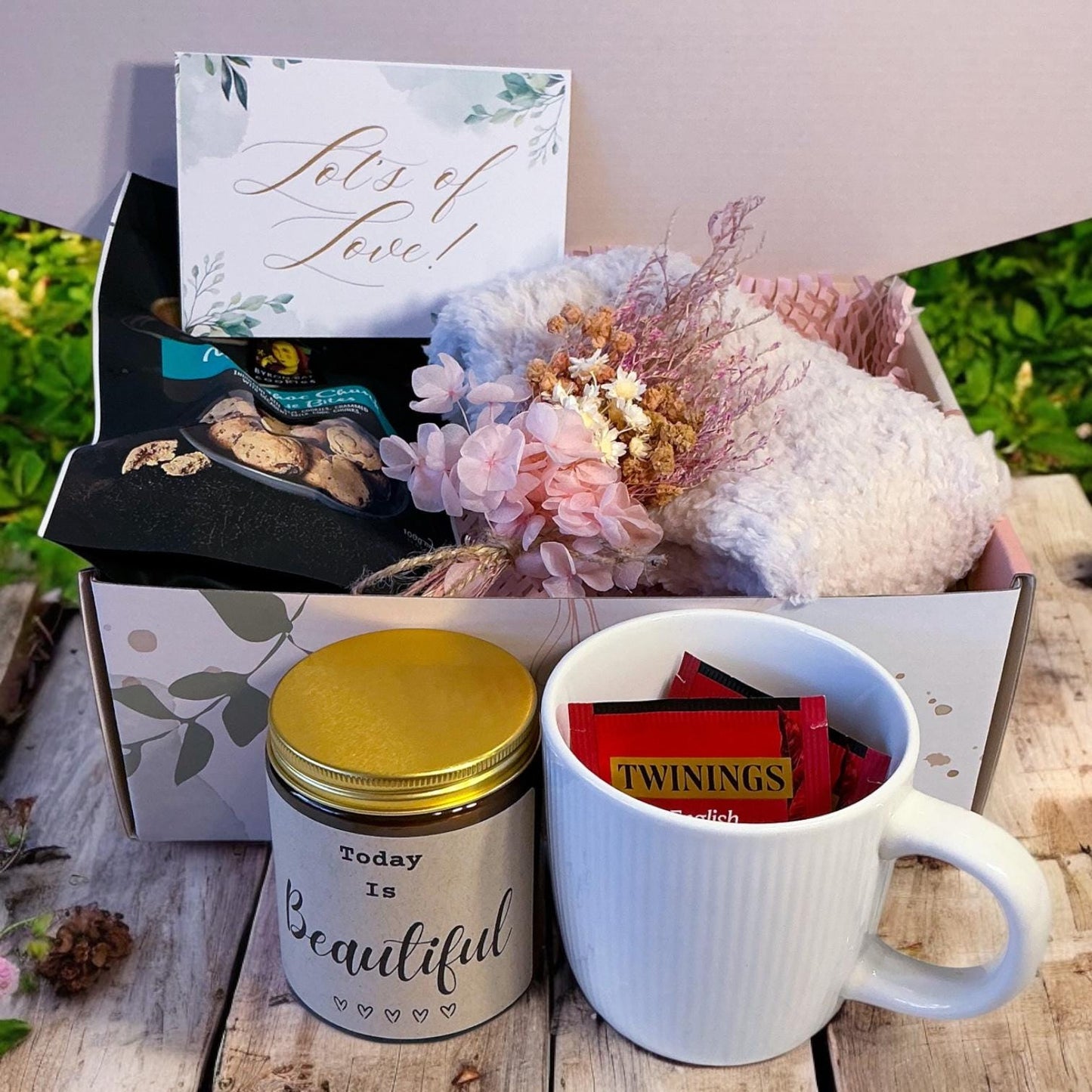 Cozy Winter Gift Box – Tea, Cookies, Candle, Socks & Flowers | Self Care Gift for Her | Comfort Hamper | Get Well | Birthday Gift Box-Ladies
