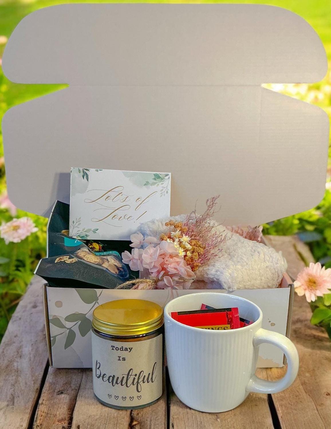 Cozy Winter Gift Box – Tea, Cookies, Candle, Socks & Flowers | Self Care Gift for Her | Comfort Hamper | Get Well | Birthday Gift Box-Ladies