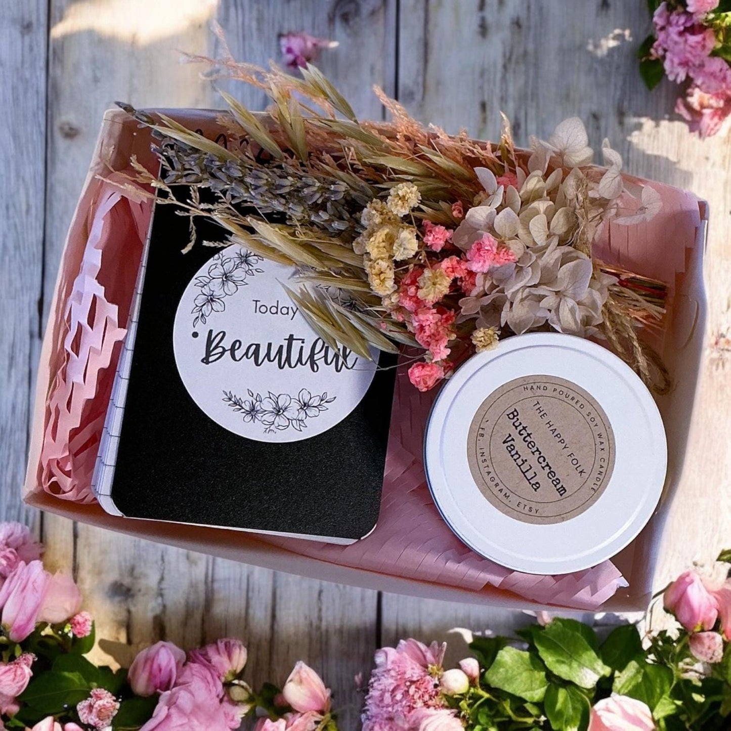 Mini Journaling Gift Box with Candle, Notebook & Flowers - Encouragement Gift for Her with Personalised Note Included