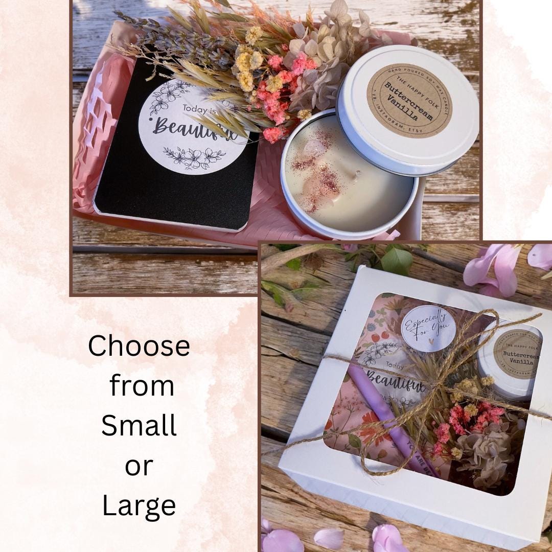 Mini Journaling Gift Box with Candle, Notebook & Flowers - Encouragement Gift for Her with Personalised Note Included