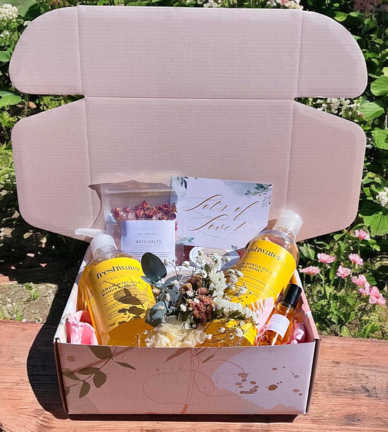 Luxury Self Care Gift Box - Candles, Body Wash, Bath Salts, Essential Oil Roller, Freshwater Farm, Dried Flowers - Relaxation Pamper Hamper