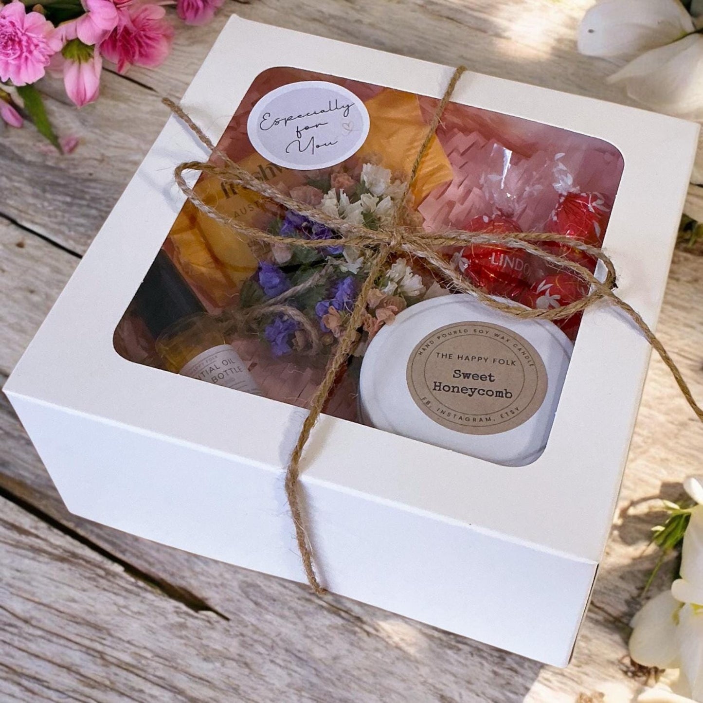 Mini Gift Box with Candle, Lindt Chocolates & Essential Oil Roller – Thoughtful Thank You or Pick Me Up Gift-Thinking of you gift-Gift Box