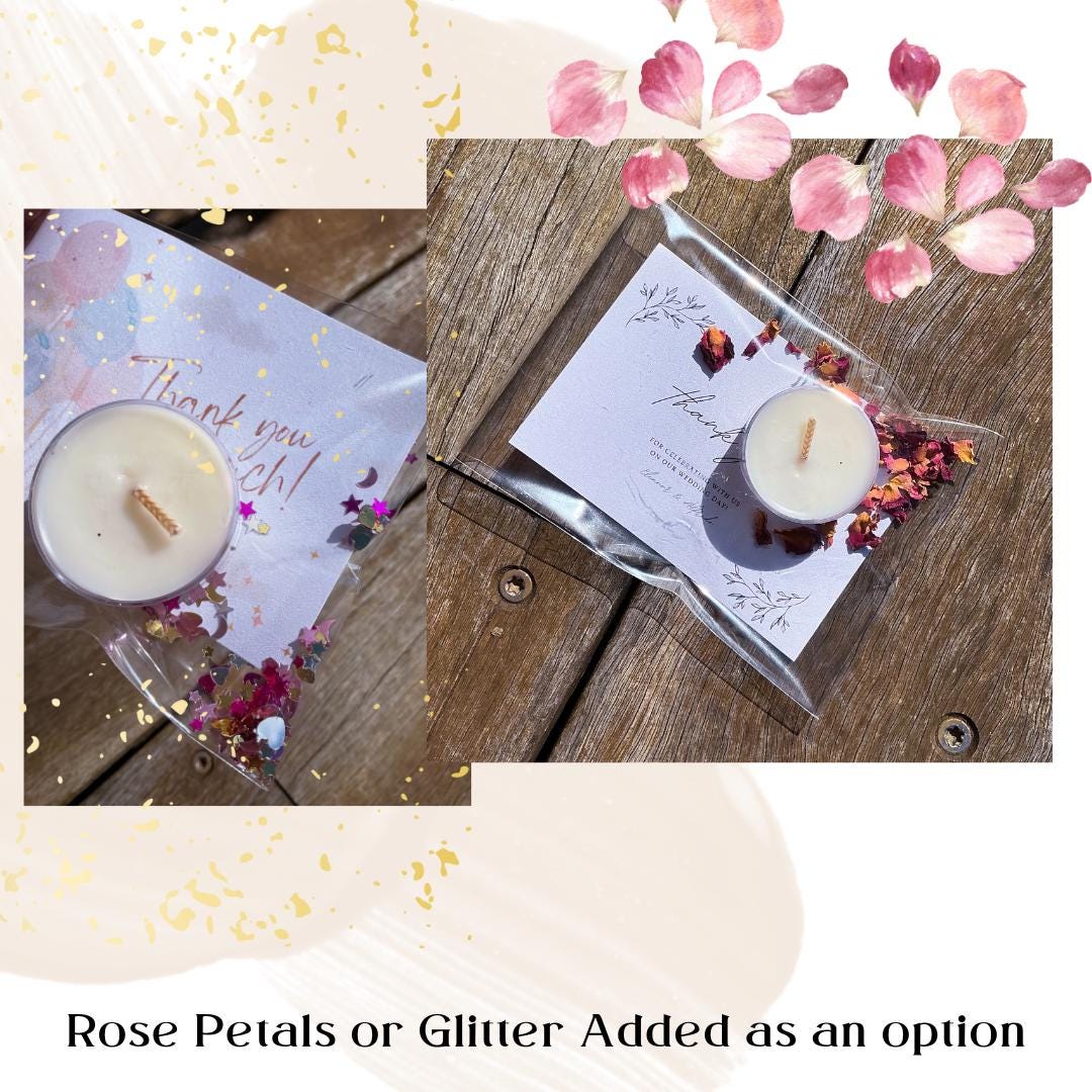 Custom Favour Candle – Tea Light with Personalised Card & Clear Bag – Wedding, Baby Shower, Event Favours – Rose Petal or Sprinkle Option