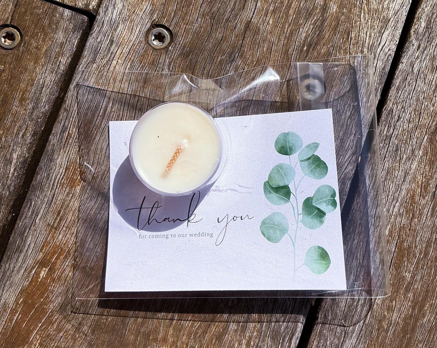 Custom Favour Candle – Tea Light with Personalised Card & Clear Bag – Wedding, Baby Shower, Event Favours – Rose Petal or Sprinkle Option
