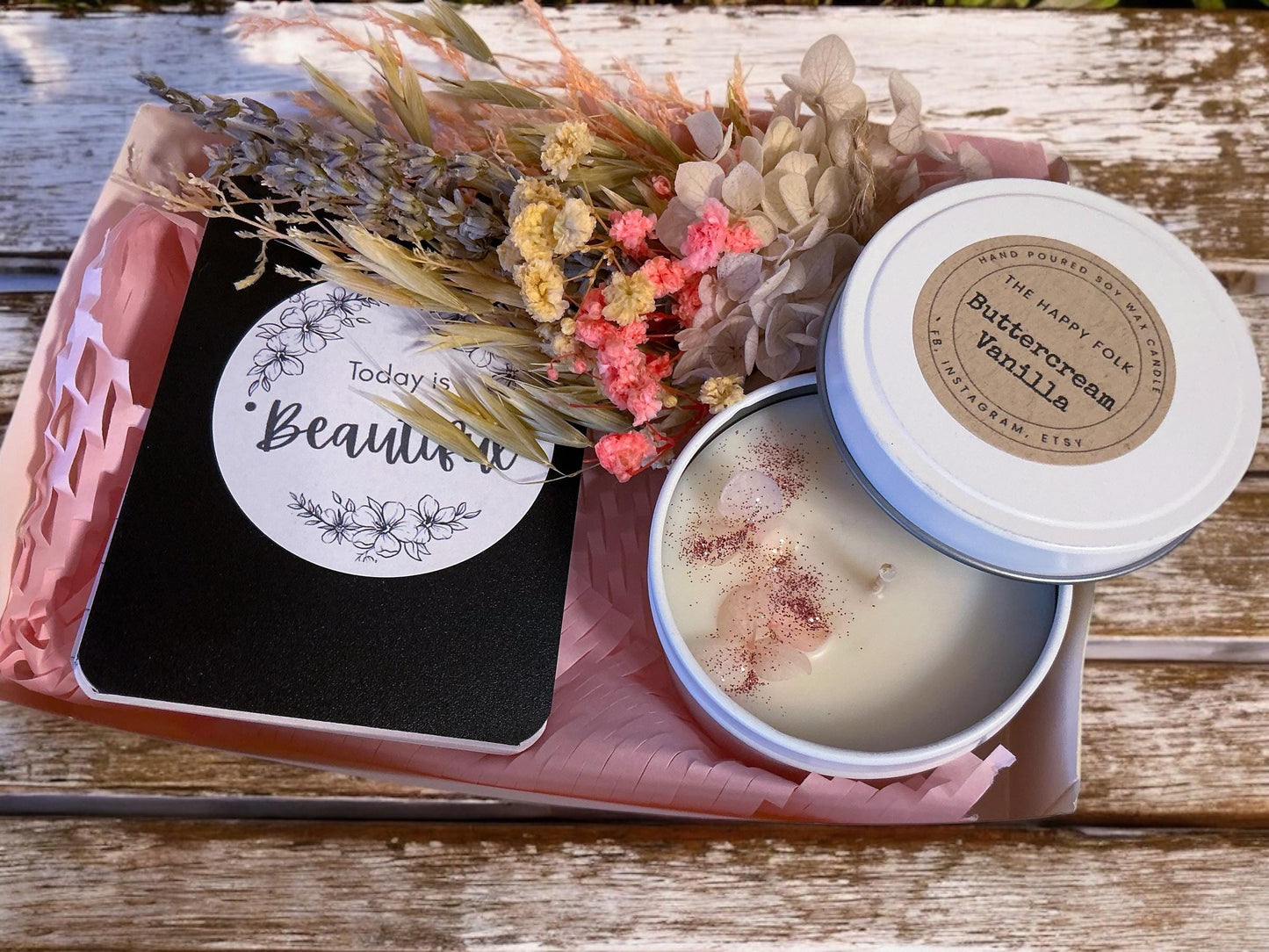 Mini Journaling Gift Box with Candle, Notebook & Flowers - Encouragement Gift for Her with Personalised Note Included