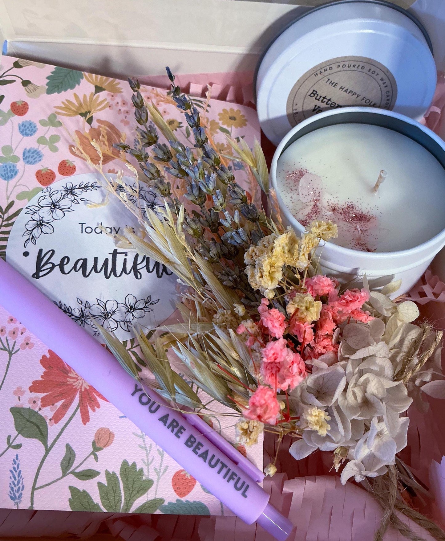 Mini Journaling Gift Box with Candle, Notebook & Flowers - Encouragement Gift for Her with Personalised Note Included