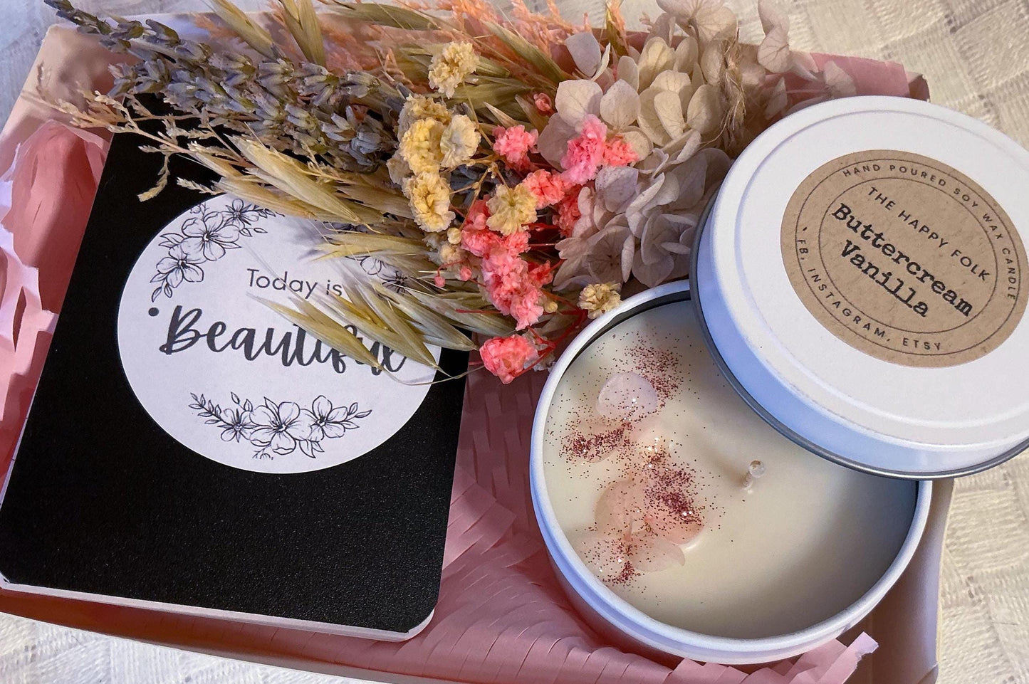 Mini Journaling Gift Box with Candle, Notebook & Flowers - Encouragement Gift for Her with Personalised Note Included