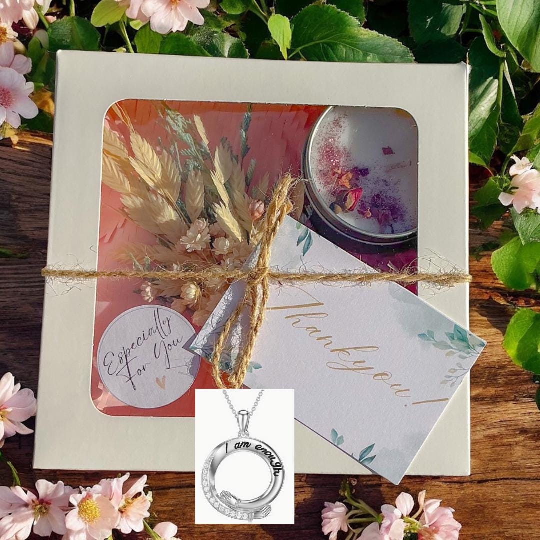 Gift Box with "I Am Enough" Necklace, Candle and Dried Flowers