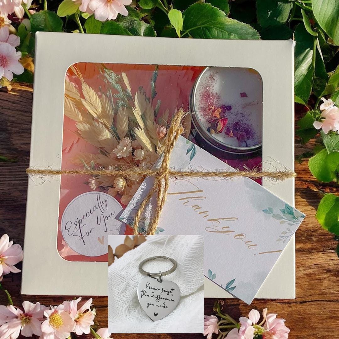 Gift Box with Encouragement Keychain, Candle and Dried Flowers