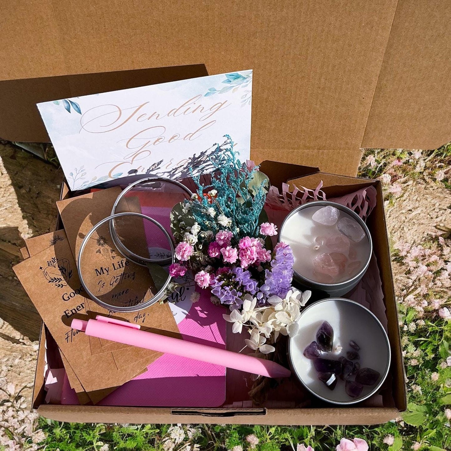 Crystal Self-Care Gift Box – Healing Candle Set with Crystals, Flowers, Journal & Affirmations – Spiritual Gift for Women–Mindful Energy Box