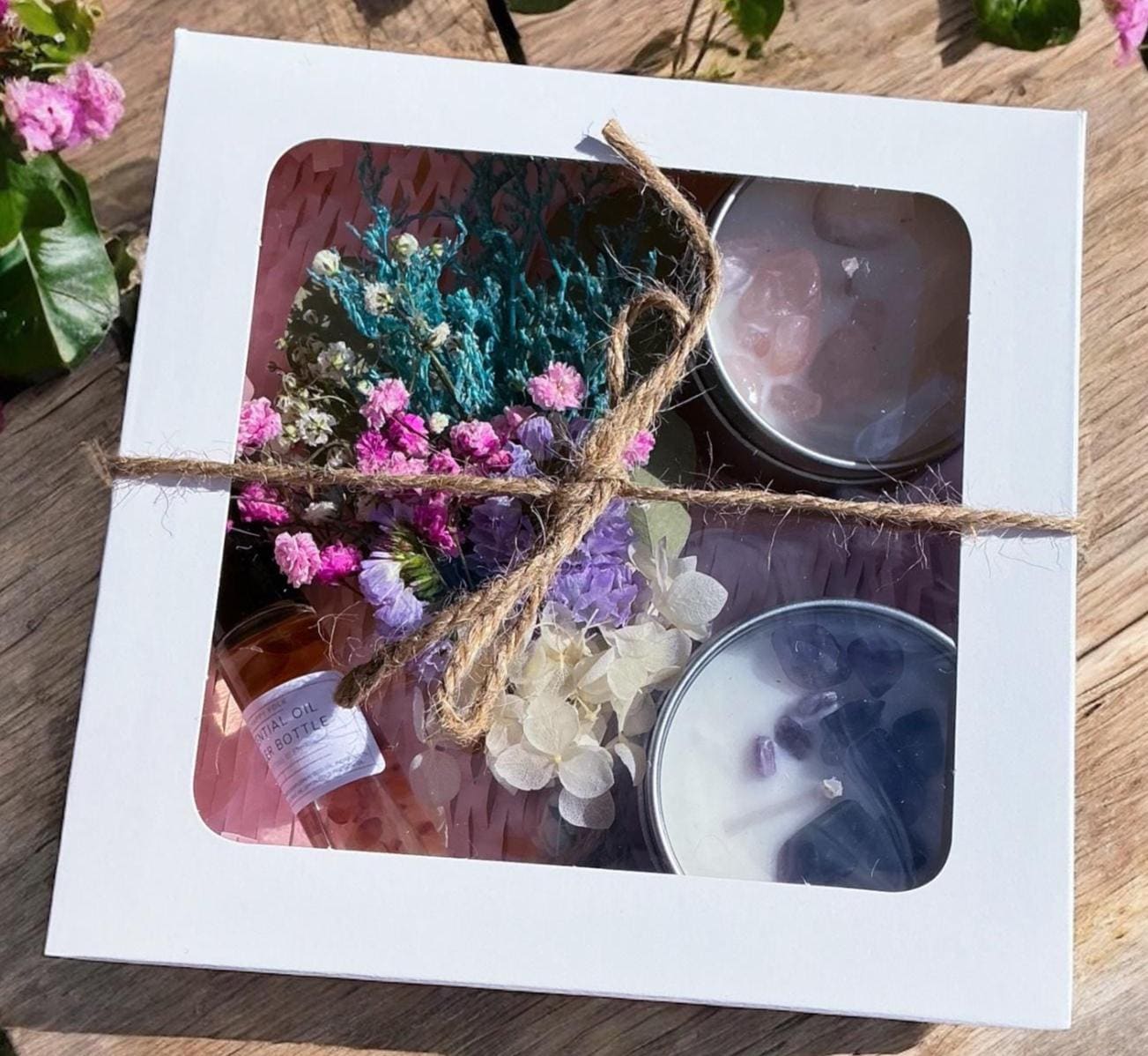 Crystal Candle Gift Box with Dried Flower Posie & Essential Oil Roller Bottle