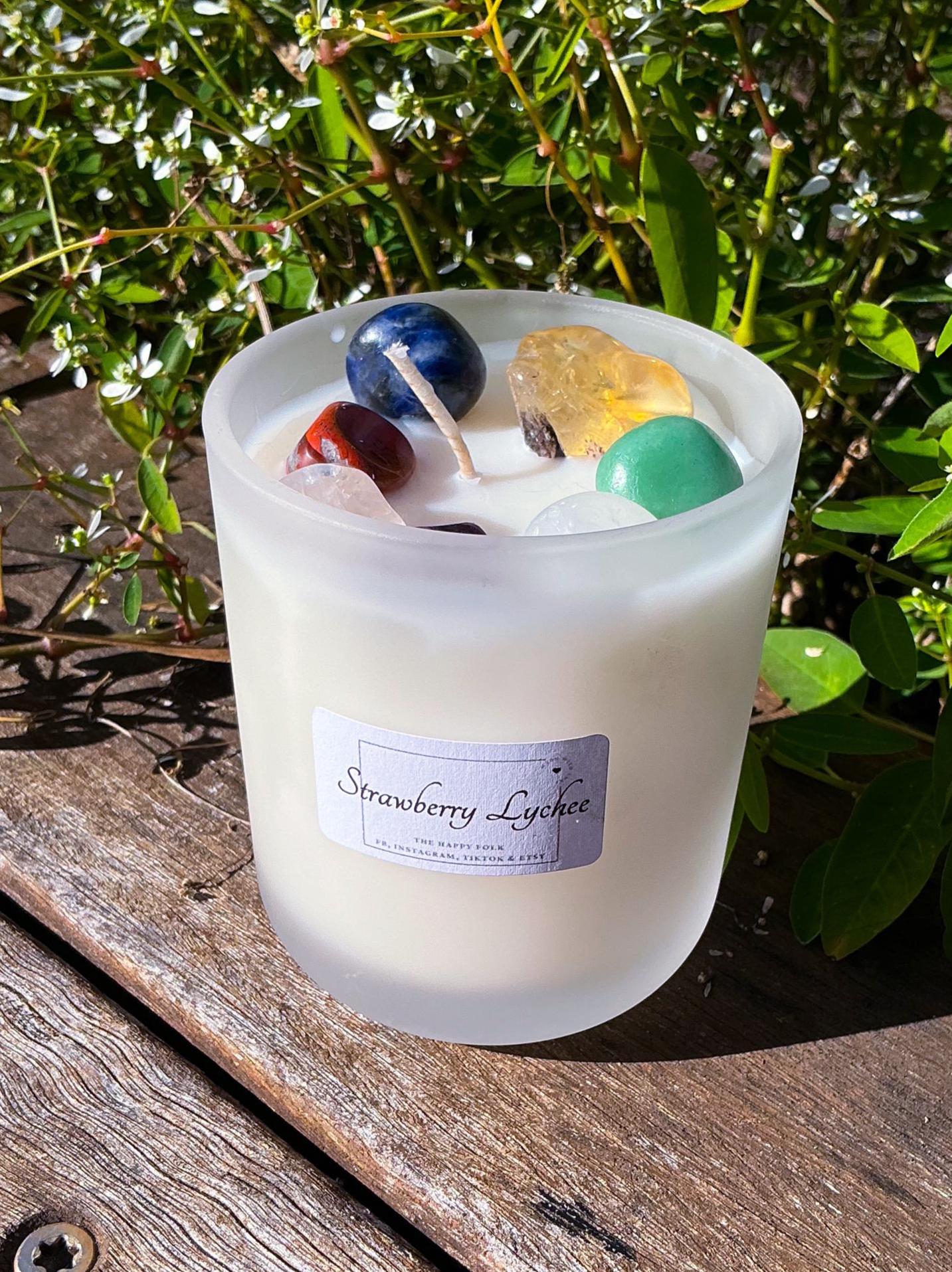Chakra Crystal Candle & Bracelet Gift Box–Aromatherapy Candle with Crystals + Chakra Bracelet+Dried Floral Posy–Spiritual Self Care Gift