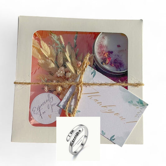 Self Love Gift Box with Candle, Dried Flowers and "I Am Enough" Ring