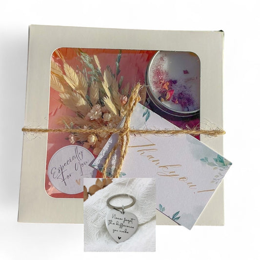 Gift Box with Encouragement Keychain, Candle and Dried Flowers