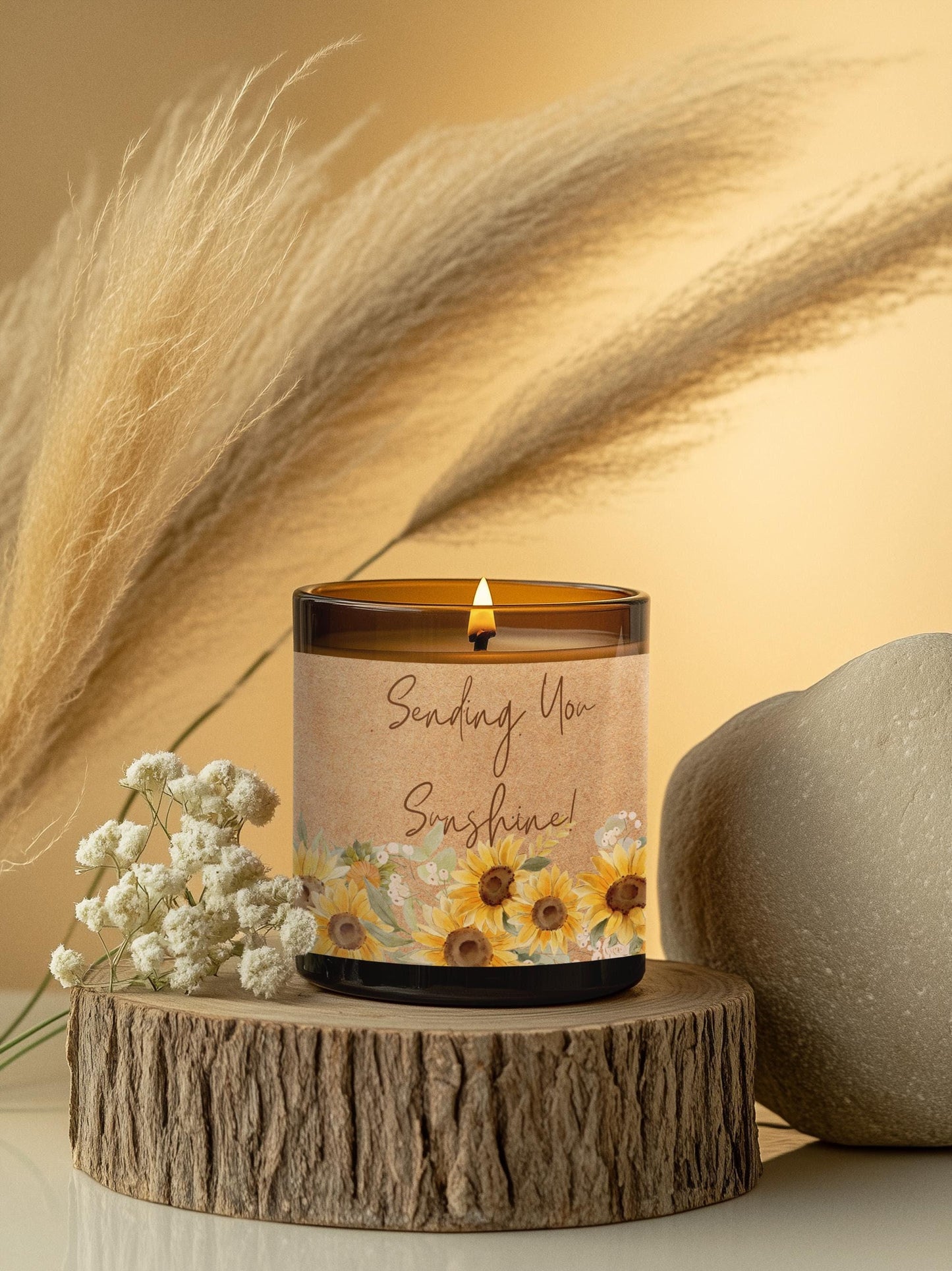 Amber glass candle with sending you sunshine message