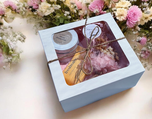 Custom Designed Care Pack For Her– Candle Dried Flowers and Choice of Comfort Gift and Card – Support Self Care Thinking of You-Gift Box