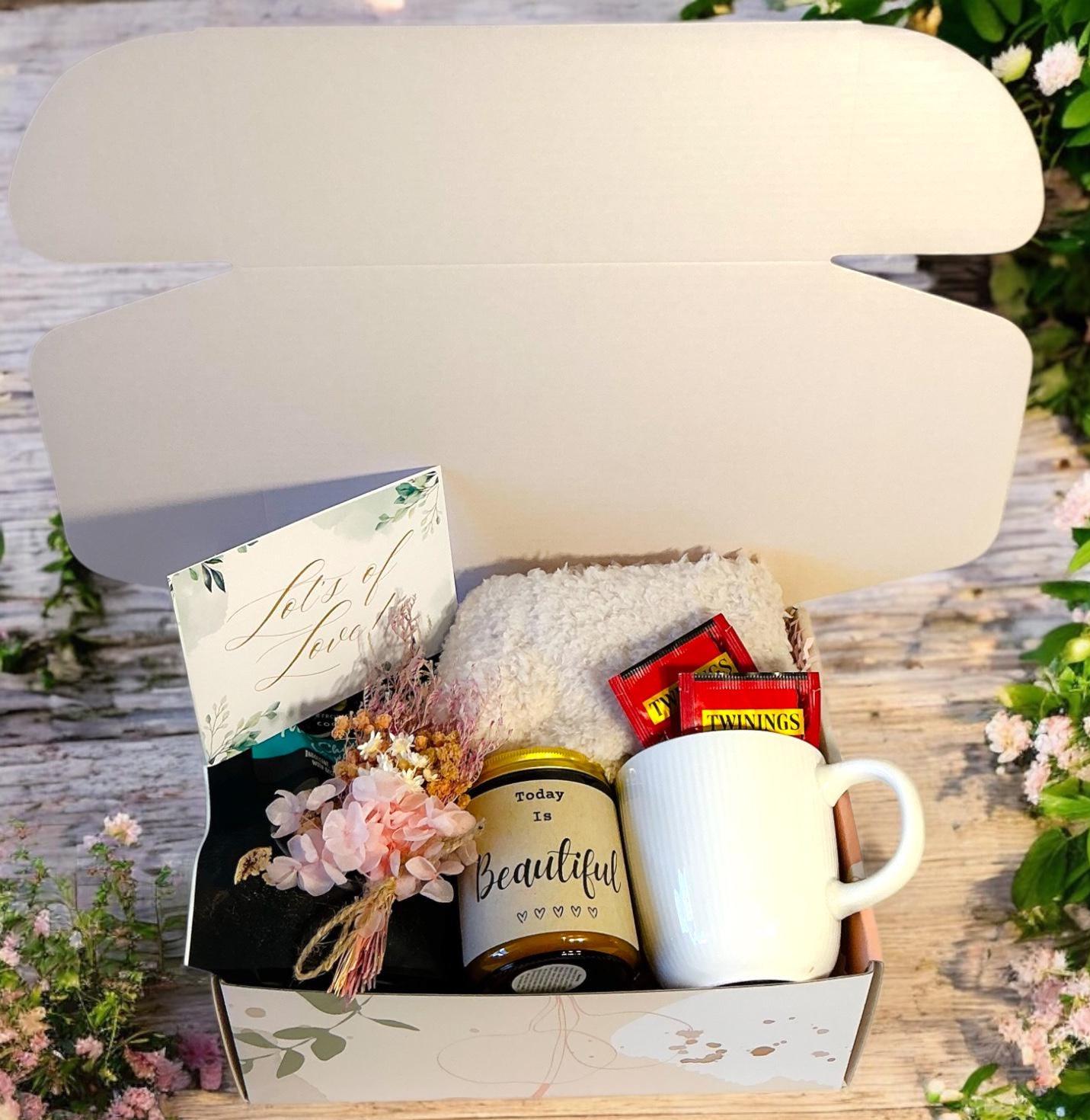 Cozy Winter Gift Box – Tea, Cookies, Candle, Socks & Flowers | Self Care Gift for Her | Comfort Hamper | Get Well | Birthday Gift Box-Ladies