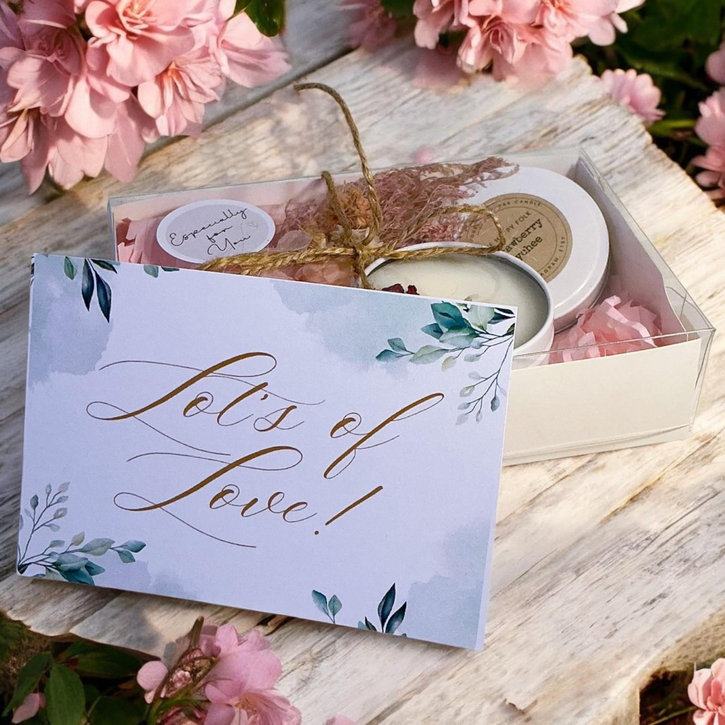 Custom Designed Mini Gift Box– Candle Dried Flowers and Choice of Comfort Gift and Card – Support Self Care Thinking of You-Care Package
