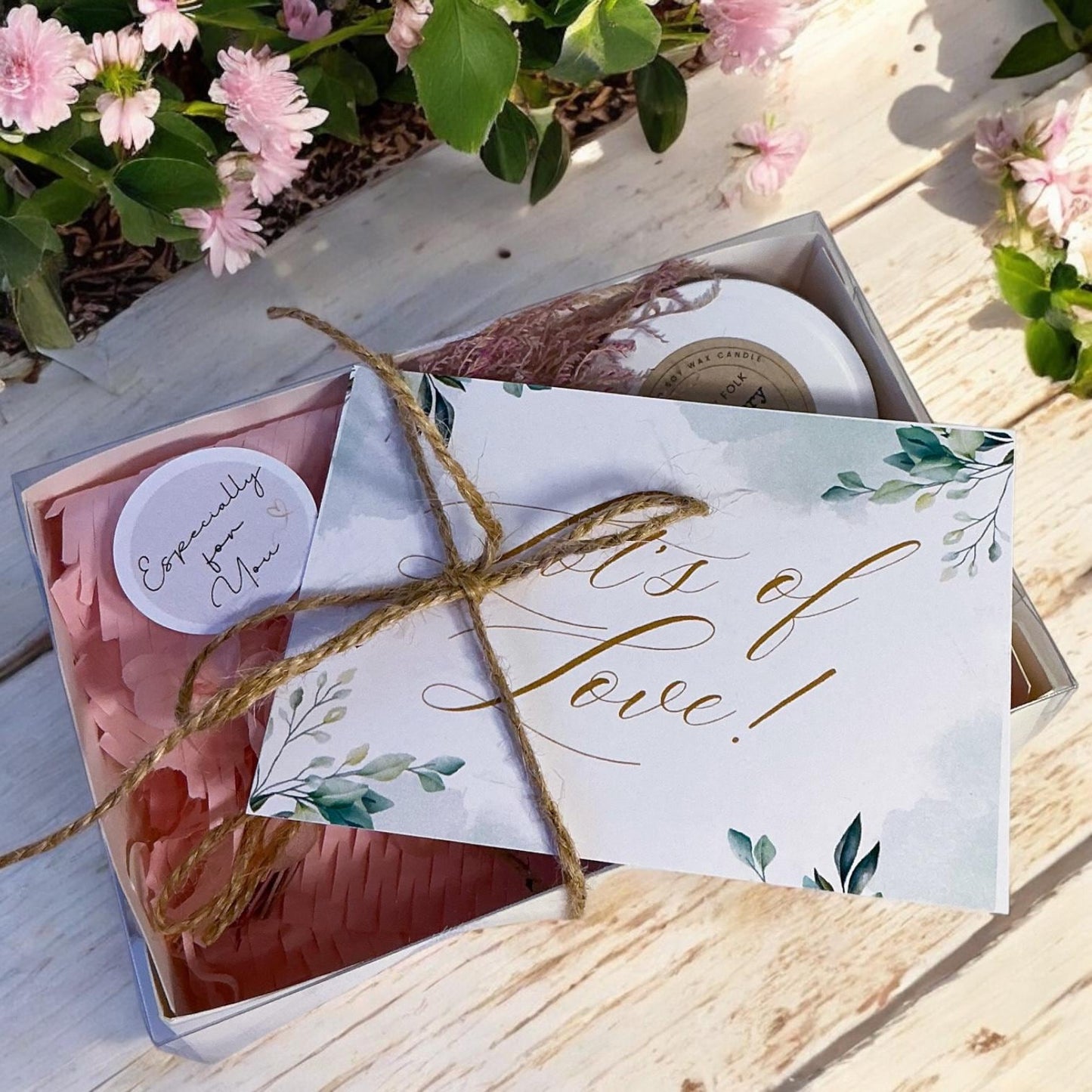 Custom Designed Mini Gift Box– Candle Dried Flowers and Choice of Comfort Gift and Card – Support Self Care Thinking of You-Care Package
