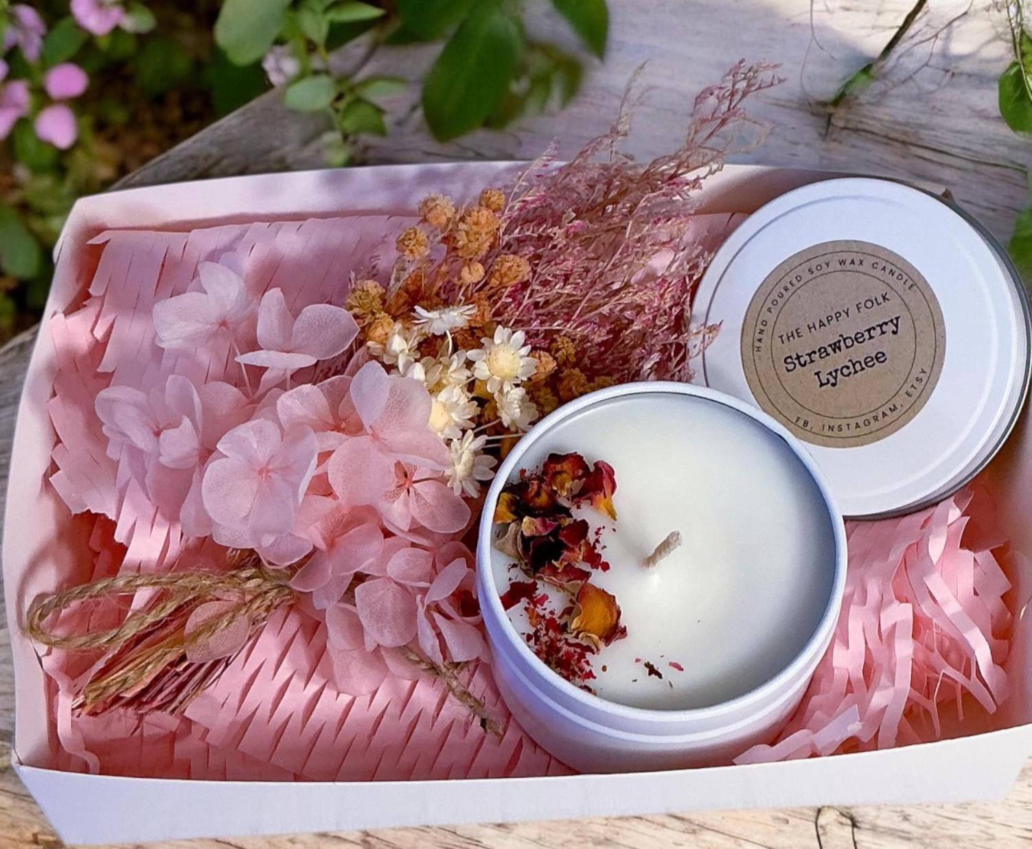 Custom Designed Mini Gift Box– Candle Dried Flowers and Choice of Comfort Gift and Card – Support Self Care Thinking of You-Care Package