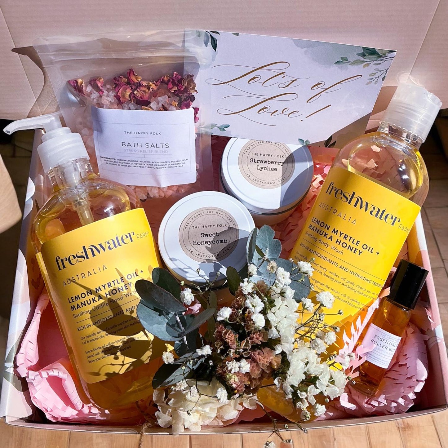 Luxury Self Care Gift Box - Candles, Body Wash, Bath Salts, Essential Oil Roller, Freshwater Farm, Dried Flowers - Relaxation Pamper Hamper