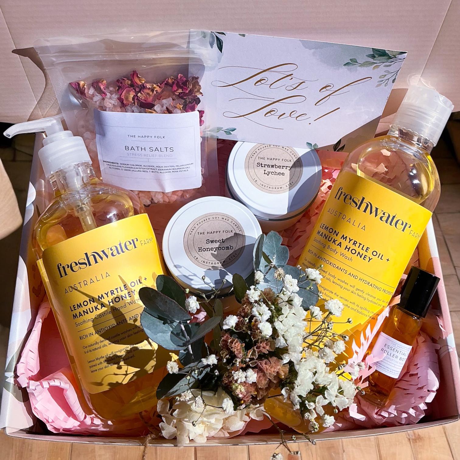 Luxury Self Care Gift Box - Candles, Body Wash, Bath Salts, Essential Oil Roller, Freshwater Farm, Dried Flowers - Relaxation Pamper Hamper