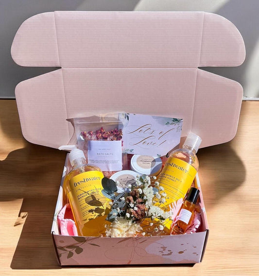 Luxury Self Care Gift Box - Candles, Body Wash, Bath Salts, Essential Oil Roller, Freshwater Farm, Dried Flowers - Relaxation Pamper Hamper