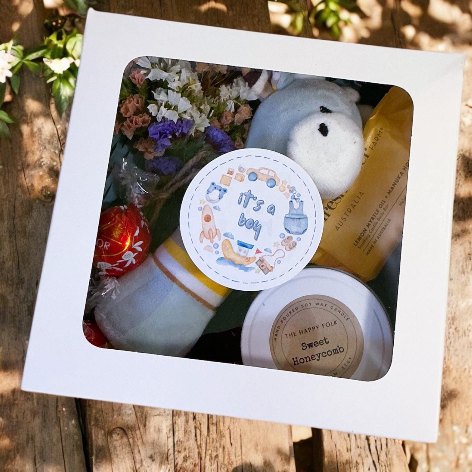 New Baby Gift Box – Candle, Body Bar, Soft Toy, Flowers & Chocolate – Baby Shower Keepsake Hamper for Newborn-New Baby Gift-Baby Gift Box