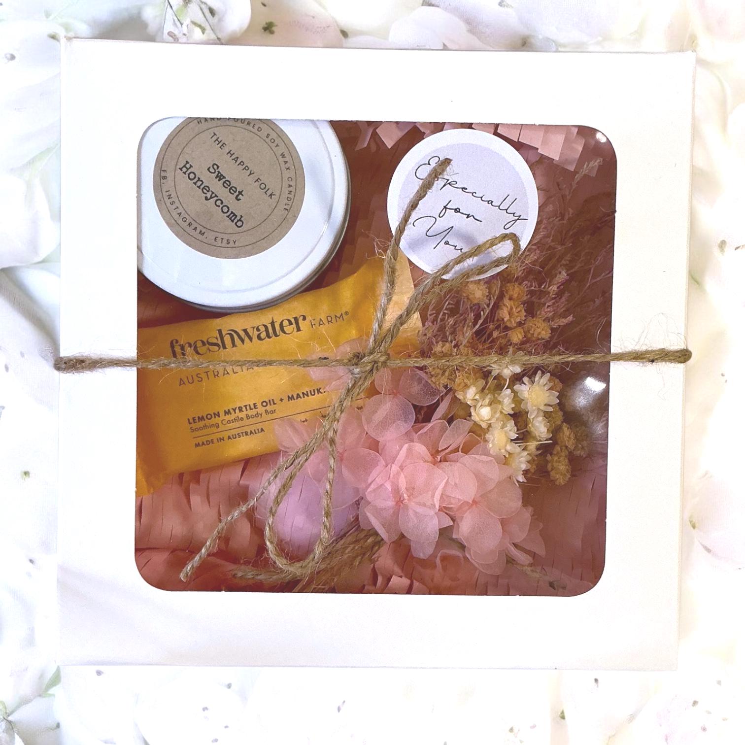 Custom Designed Care Pack For Her– Candle Dried Flowers and Choice of Comfort Gift and Card – Support Self Care Thinking of You-Gift Box
