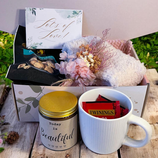 Cozy Winter Gift Box – Tea, Cookies, Candle, Socks & Flowers | Self Care Gift for Her | Comfort Hamper | Get Well | Birthday Gift Box-Ladies